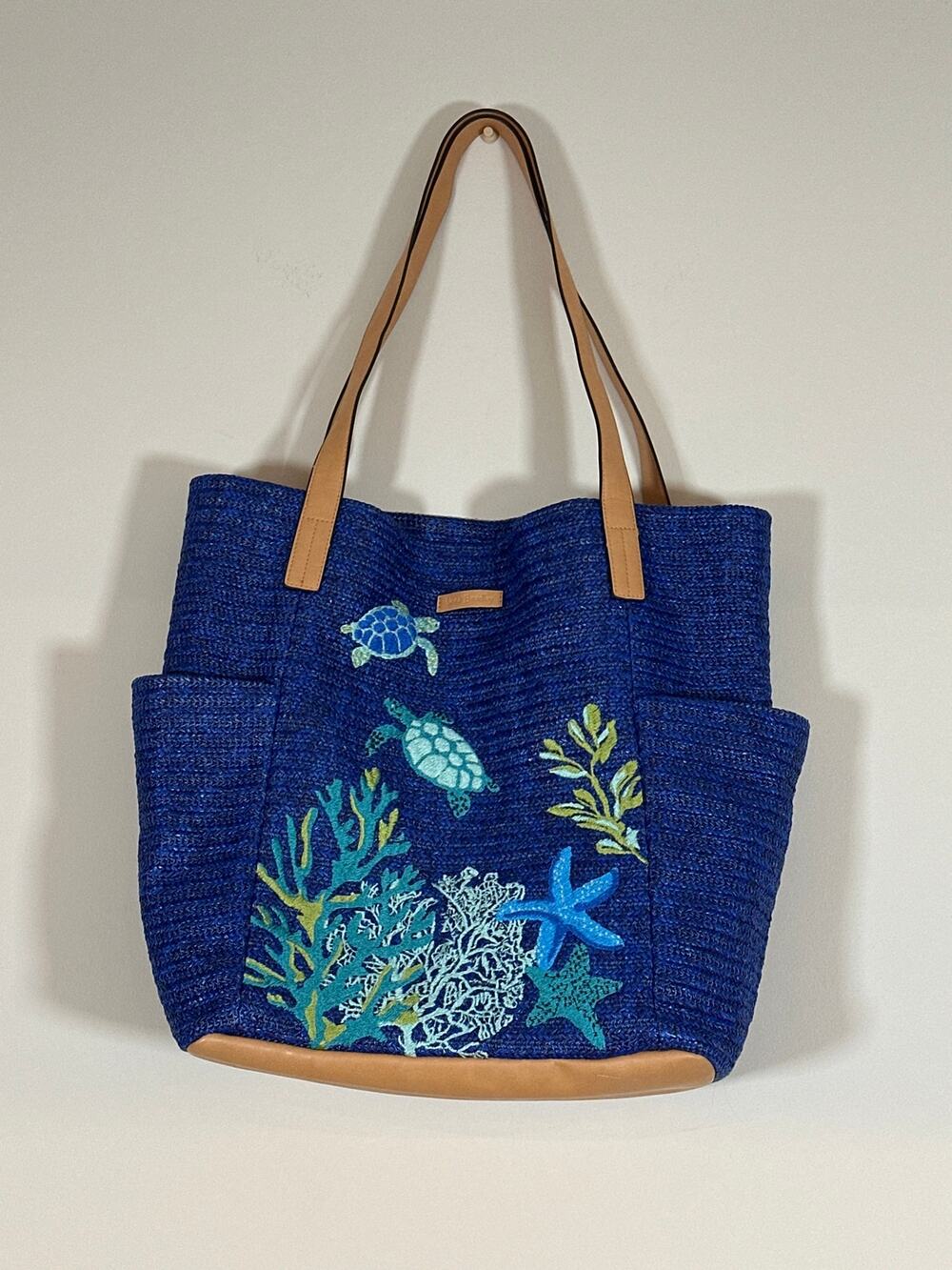 Vera Bradley North South Beach Tote Navy Sea Life Turtles Embroidered Beach Bag